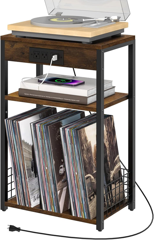 LELELINKY 3 Tier End Table with Charging Station, Brown Record Player Stand with Storage Up to 100 Albums Brown, Night Stand with USB Port, Nightstand for Small Spaces