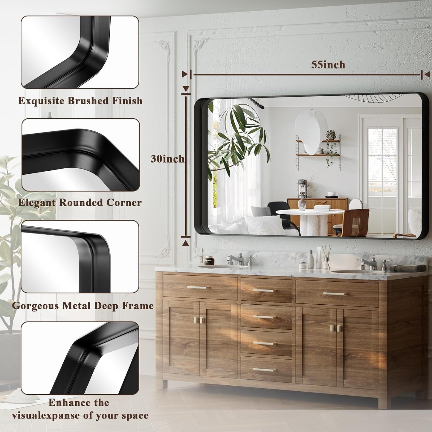 55"x 30" Black Bathroom Mirror - Aluminum Framed Wall Mirror, Bathroom Wall Mounted Vanity Mirror, Modern Bathroom Mirror, Bedroom, Living Room Wall Mirror, Hang Horizontally or Vertically