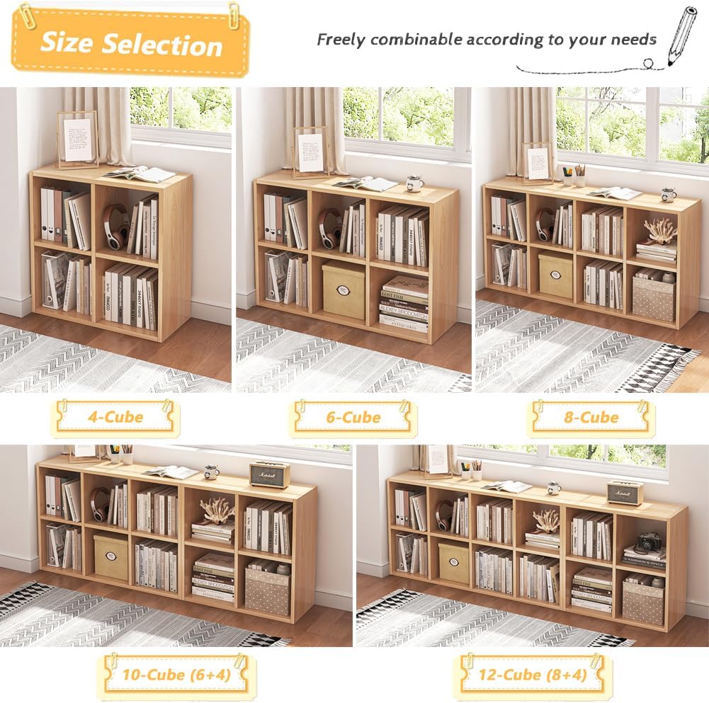 8 Cube Organizer Bookcase - Fabric Storage Bins Container, Open Shelf Simple Compartments Bookshelf, Oak