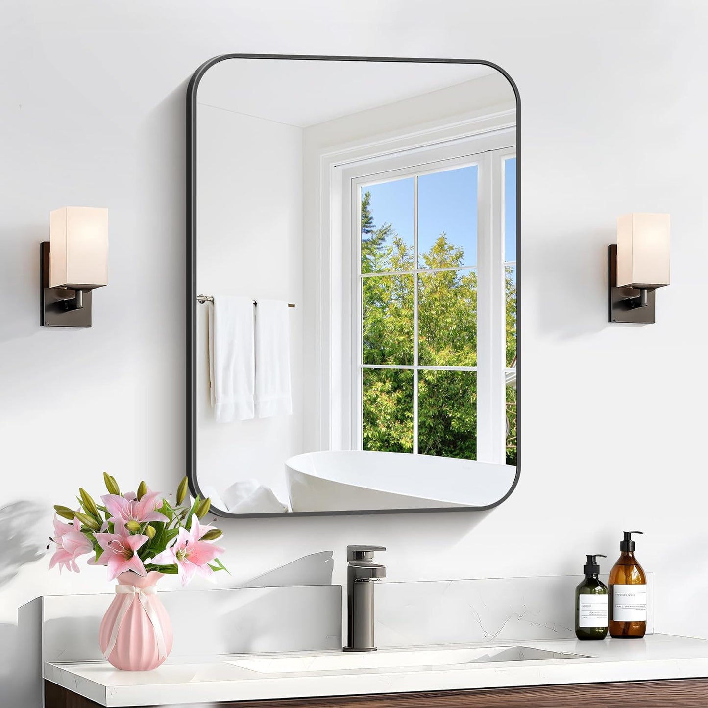 Bathroom Mirror, 18 x 24 inch Metal Framed Black Rectangle Mirror, Rounded Corner Rectangular Vanity Mirror, Wall Mounted Mirror for Modern Bedroom Living Room Hangs Horizontal or Vertical