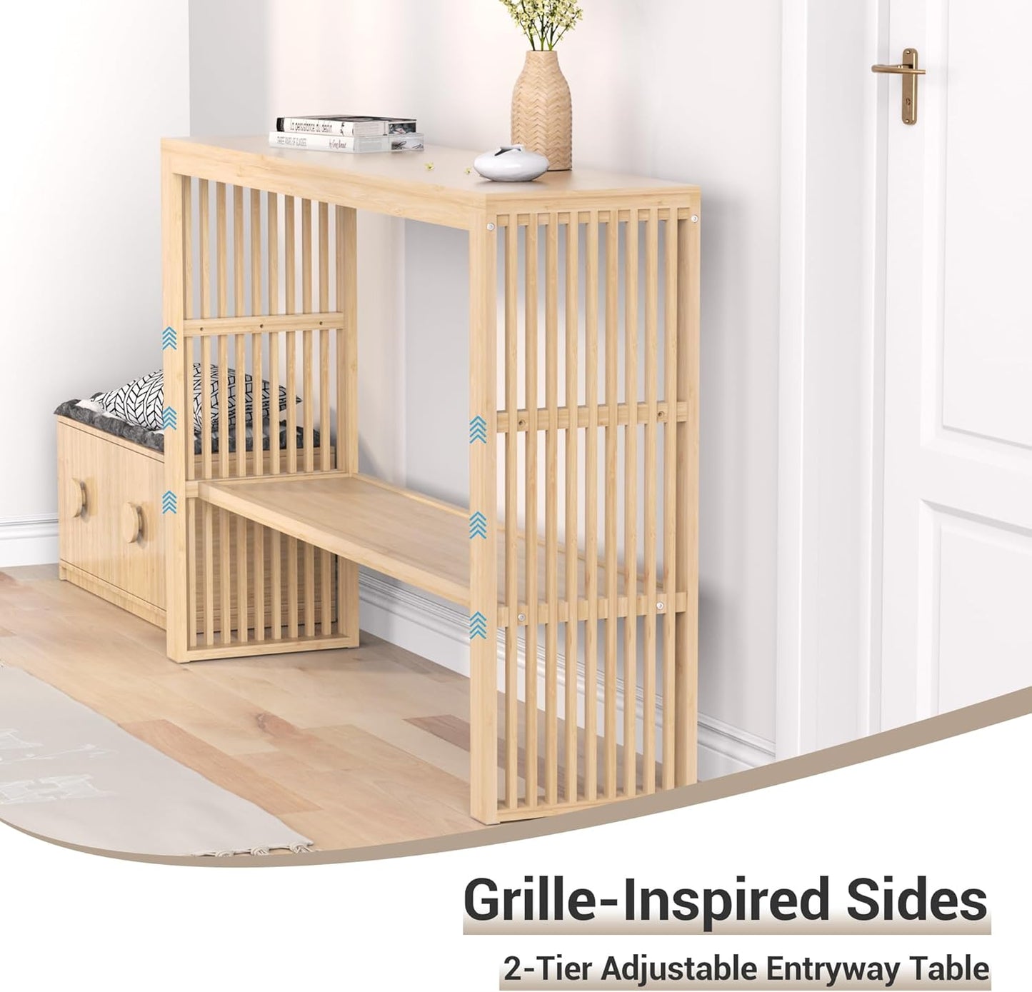Bamboo Wood Entryway Table 47.2" Console Table, 2-Tier Farmhouse Narrow Sofa Table with Grille-Inspired Sides Easy Assembly for Entrance, Hallway, Living Room, Bedroom, Foyer(Natural)