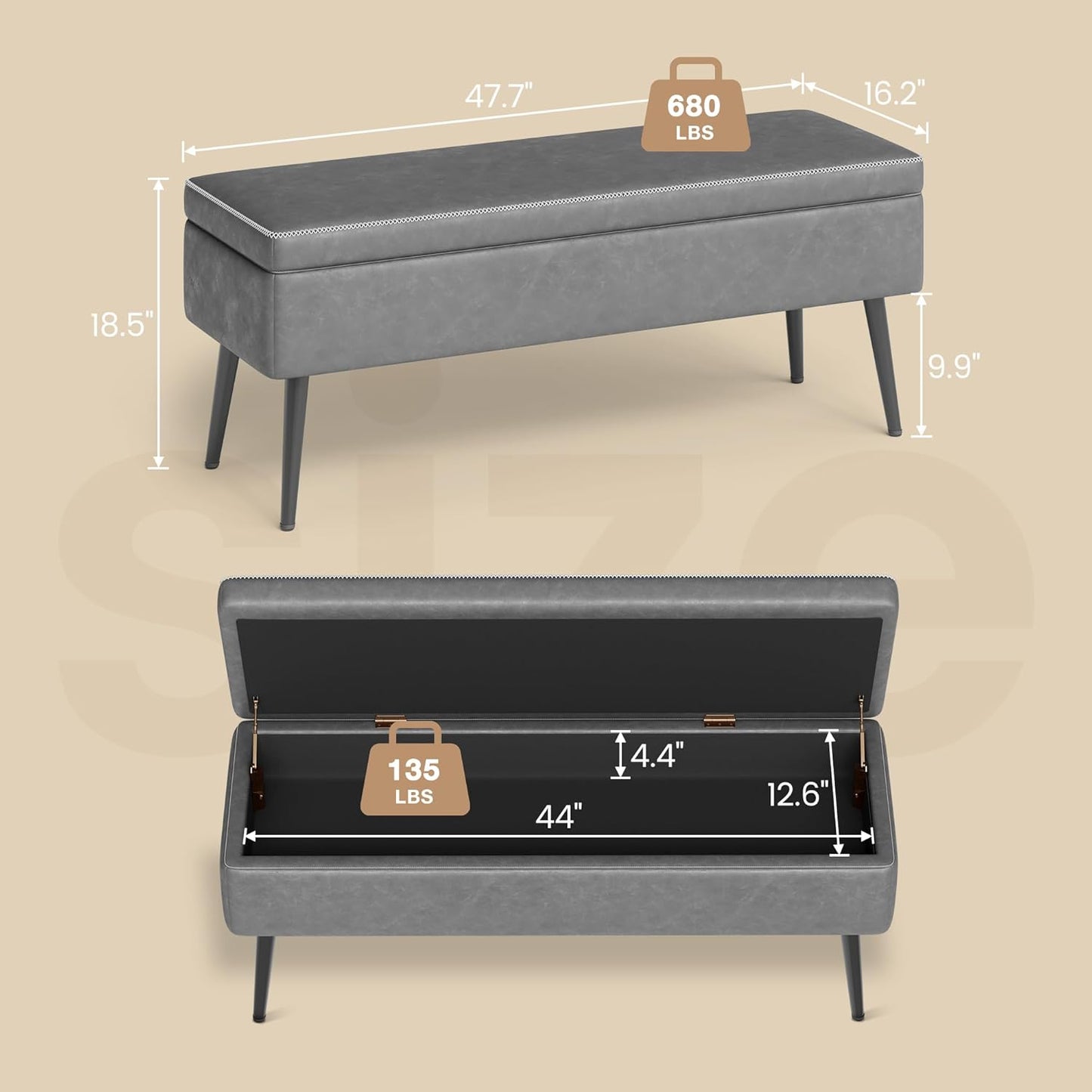 GarveeHome Storage Ottoman Bench, Mid-Century Modern Entryway Bedroom Bench, Synthetic Leather with Stitching, Safety Hinges, Loads 680 Lb, Grey