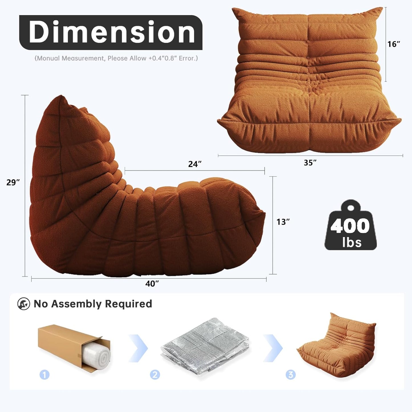 Bean Bag Chairs for Adults, BeanBag Reading Chair Memory Foam Couch, Floor Chair Soft Teddy Material, Comfy Reading Nook Chairs for Bedroom Living Room Office (Orange)