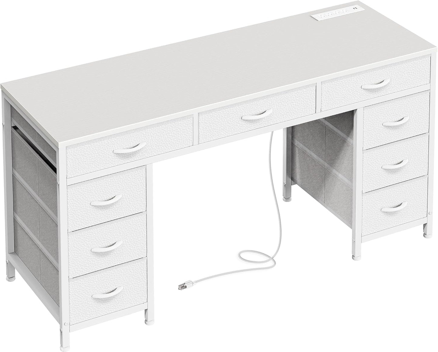 PRAISUN 54 Inch Office Desk with Outlets, Computer Desk with 9 Fabric Drawers, Writing Gaming Work Study Desk for Bedroom, Living Room, Home Office, Large Storage, White