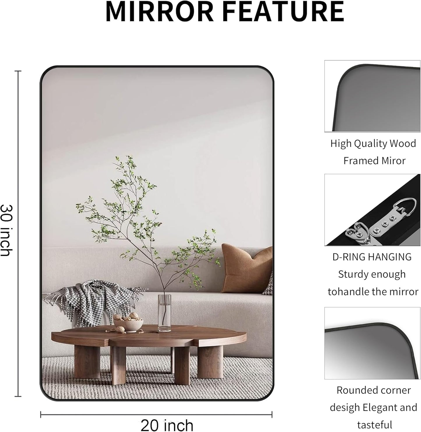 Black Bathroom Mirror,Rectangle 20 x 30 Inch Vanity Wall Mirror,Modern Mirror for Wall,Wood Rectangular Mirror for Bedroom Living Room Entryway