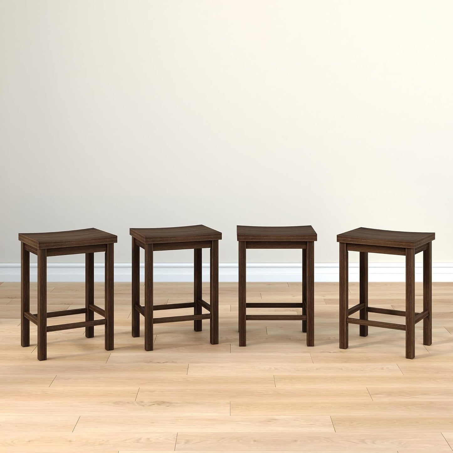 Grain & Grove Smith Collection Set of 4 Solid Wood Counter Height Bar Stools, 24-Inch Saddle Seat Backless Stools, Ideal for Kitchen Island, Dining, or Home Bar Seating, Walnut