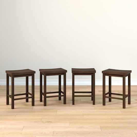 Grain & Grove Smith Collection Set of 4 Solid Wood Counter Height Bar Stools, 24-Inch Saddle Seat Backless Stools, Ideal for Kitchen Island, Dining, or Home Bar Seating, Walnut