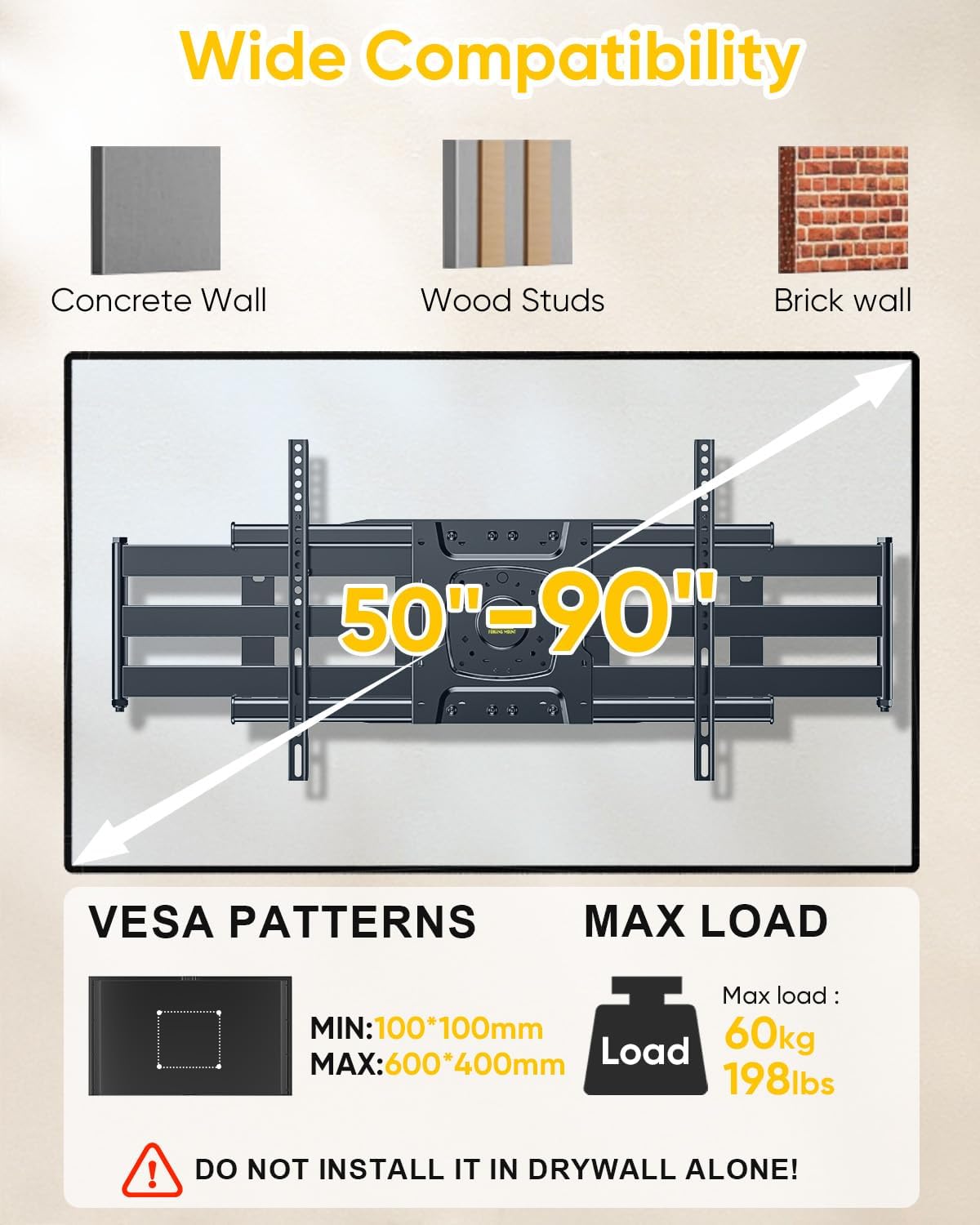 FORGING MOUNT Long Arm TV Wall Mount with 36" Extension Dual Articulating Full Motion TV Mount Bracket for 50"-90" Flat Curved TVs, Easy Install on 16" 24" Studs Max VESA 600x400mm up to 198lbs