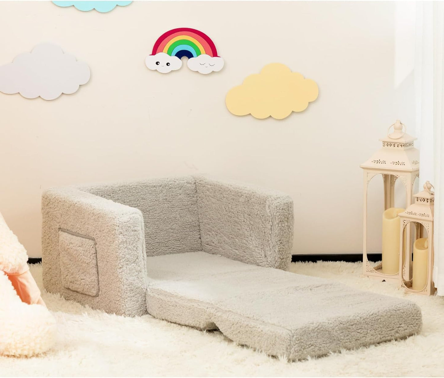 ALIMORDEN Kids Couch, 2-in-1 Fold Out Toddler Chair & Snuggly Foam Lounger Seat, Removable Washable Cover - Soft Reading Couch, Ideal Gift for for Boys and Girls, Light Grey