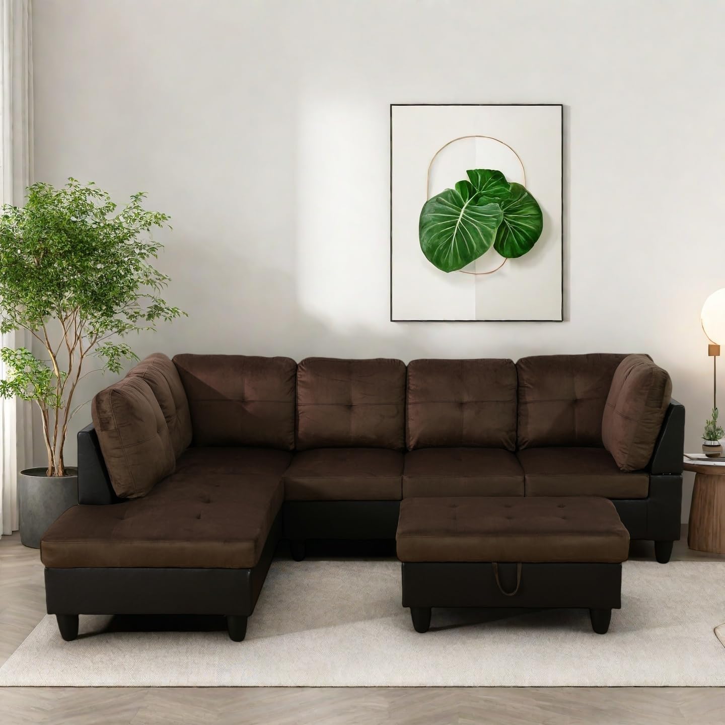 Modern Living Room Furniture Sets with Pillows, Modular Sectional Couches with Chaise Lounge, 4-Seaters L Shape Sofa with Storage Ottoman, for Living Room, Brown