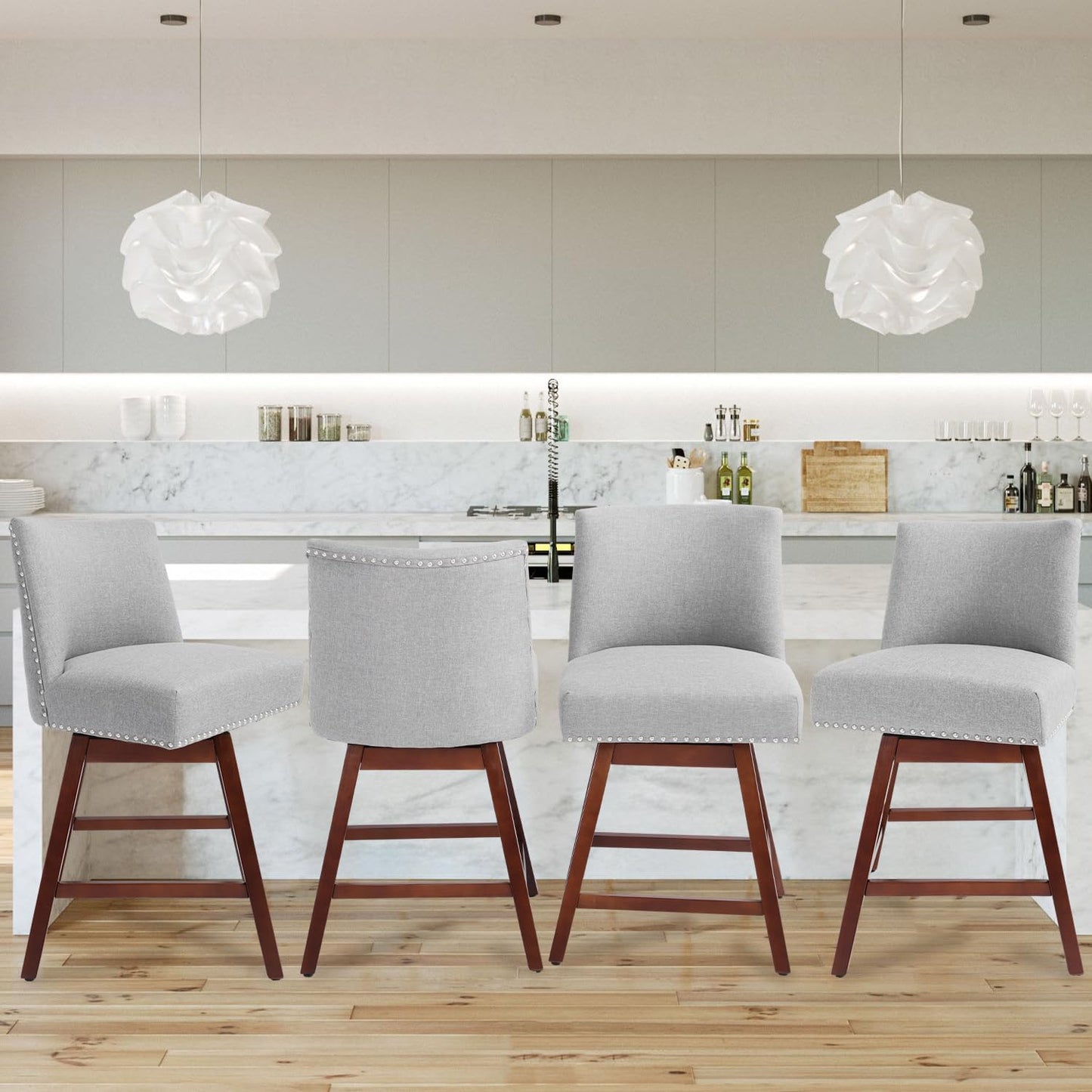 Counter Height Barstools Set of 6,360° Swivel Bar Stools with Back,26 inch Modern Counter barstools,Upholstered Bar Tall Stools for Kitchen Counter,Kitchen Island,Bar, Home (Light Gray, SET OF 6)