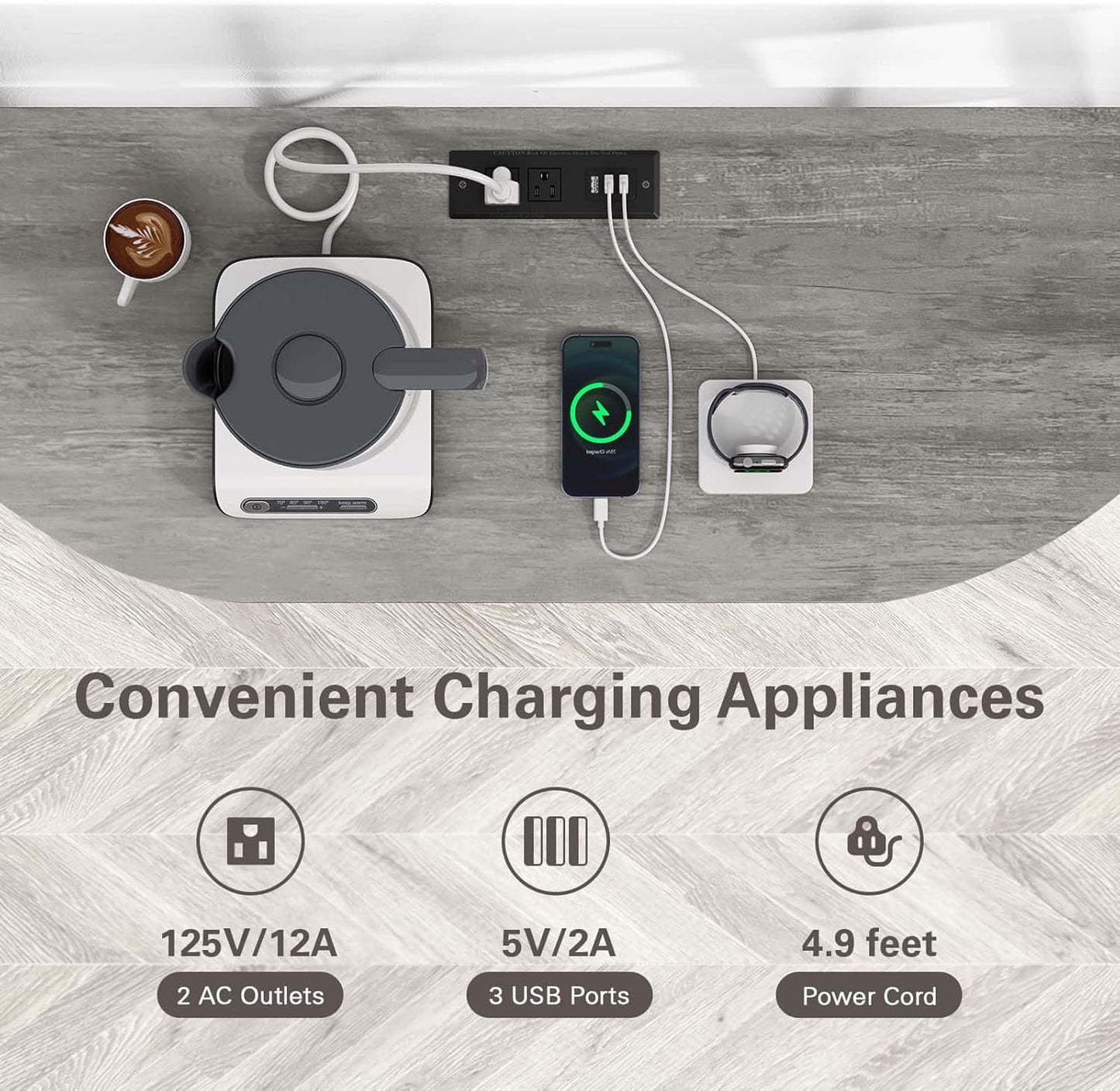 Zarler Bar Cart with Power Outlet Easy to Assemble, LED Home Bar Cabinet for Liquor, 47.3" L x 15.8" D x 36" H Metal Mini Bar Table with 4-Tier Storage, Light Grey