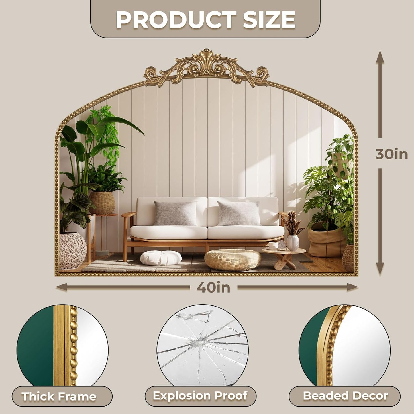 Large Ornate Gold Antique Mirror 40” x 30”, Vintage Wall Mirror with Gold Beaded Arch Frame, Dresser Mirror for Dining Room,Living Room, Sofa Wall, or Hallway Decor