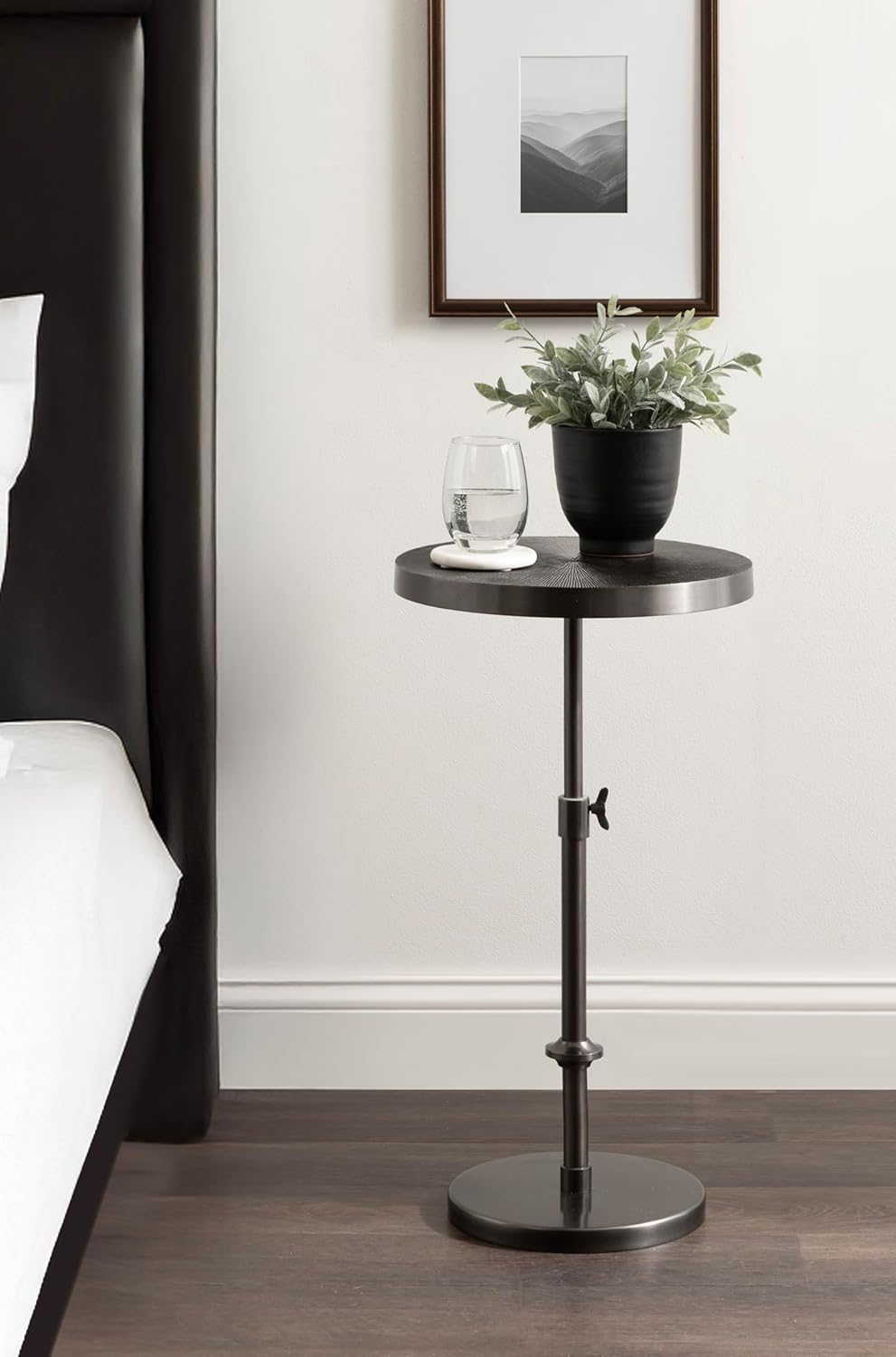 Kate and Laurel Engles Traditional Adjustable-Height Pedestal Side Table, 14 x 14 x 30, Metallic Black, Vintage Round Indoor Metal Plant Stand with Embossed Pattern for Use as Bedroom Nightstand