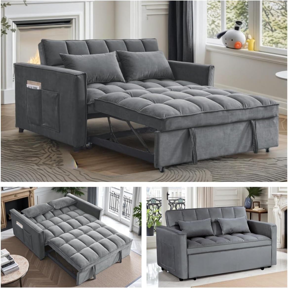 3 in1 Sofa Bed, Pull-Out Sleeper Sofa Bed with 3-Level Adjustable Backrest, Velvet Fabric Convertible Love Seat Sleepers Beds for Living Room & Bedroom & Apartment, Grey