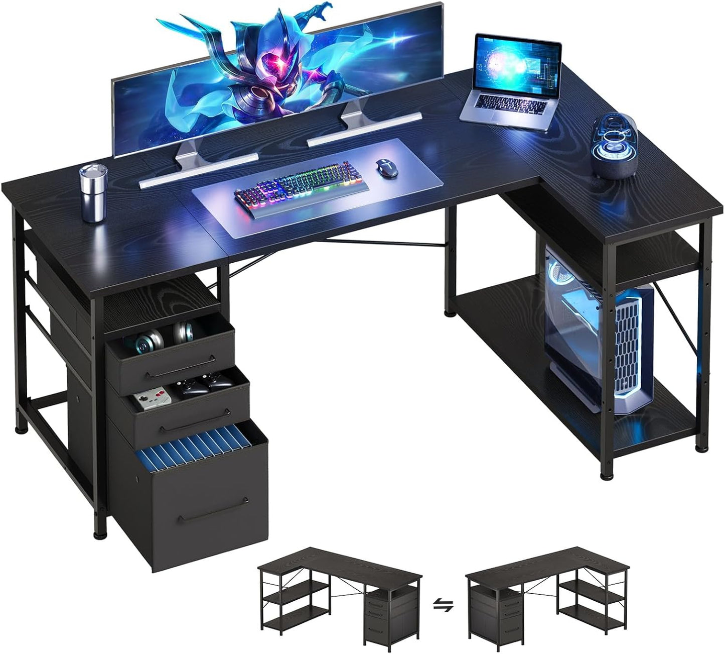 55" Computer Desk with Drawers, Desks for Bedrooms, Writing Desk with Storage, Work Desk for Small Space, Black