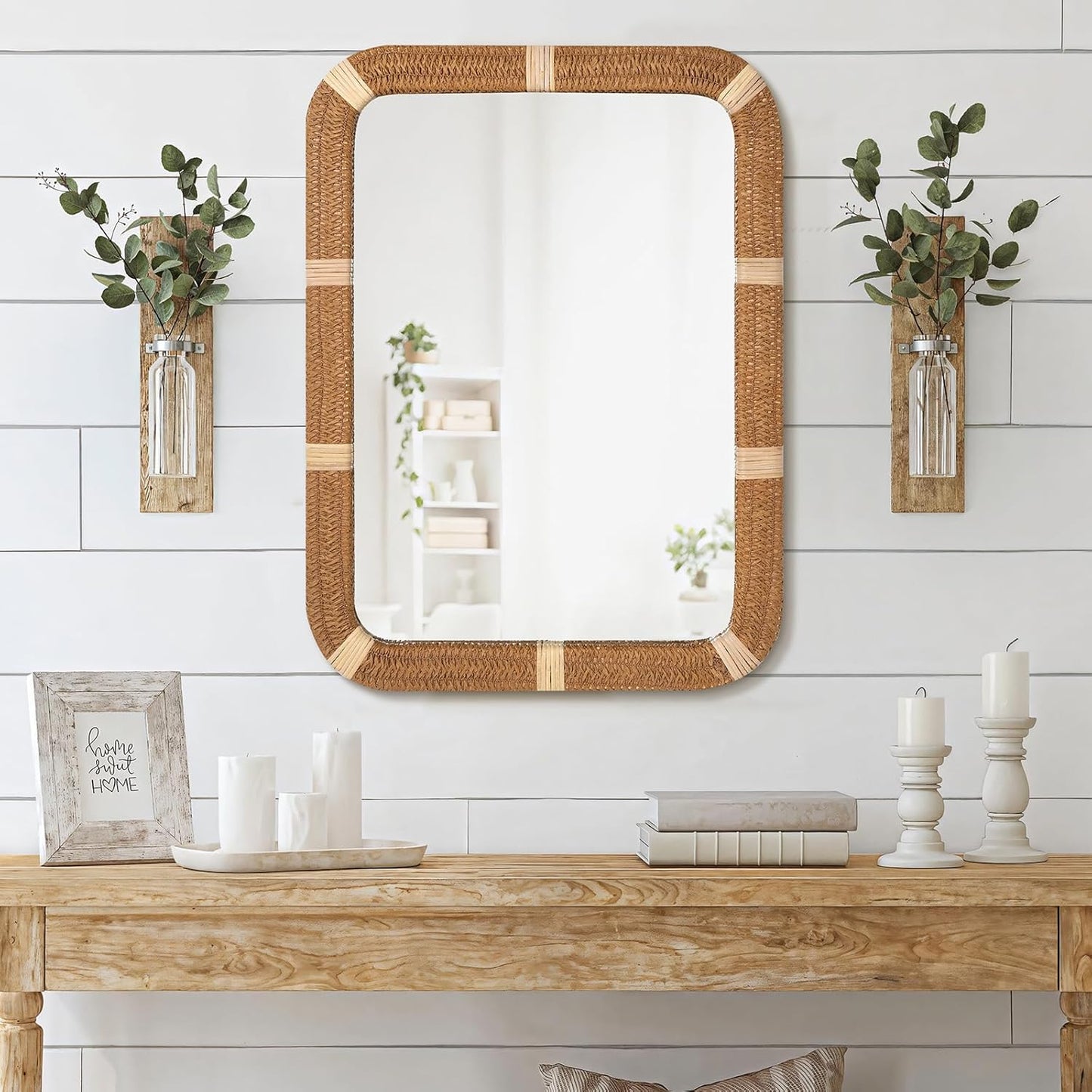 ULIKE Rectangle Rattan Wall Mirror, 22x30 Inch Rustic Farmhouse Wall Decor with Wicker Frame, Boho Mirror for Nursery Bathroom Bedroom Living Room Entryway