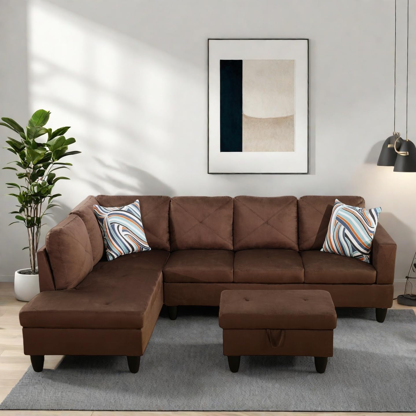 Modern Living Room Furniture Sets with Pillows, Modular Sectional Couches with Chaise Lounge, 4-Seaters L Shape Sofa with Storage Ottoman, for Living Room, Microfiber, Brown