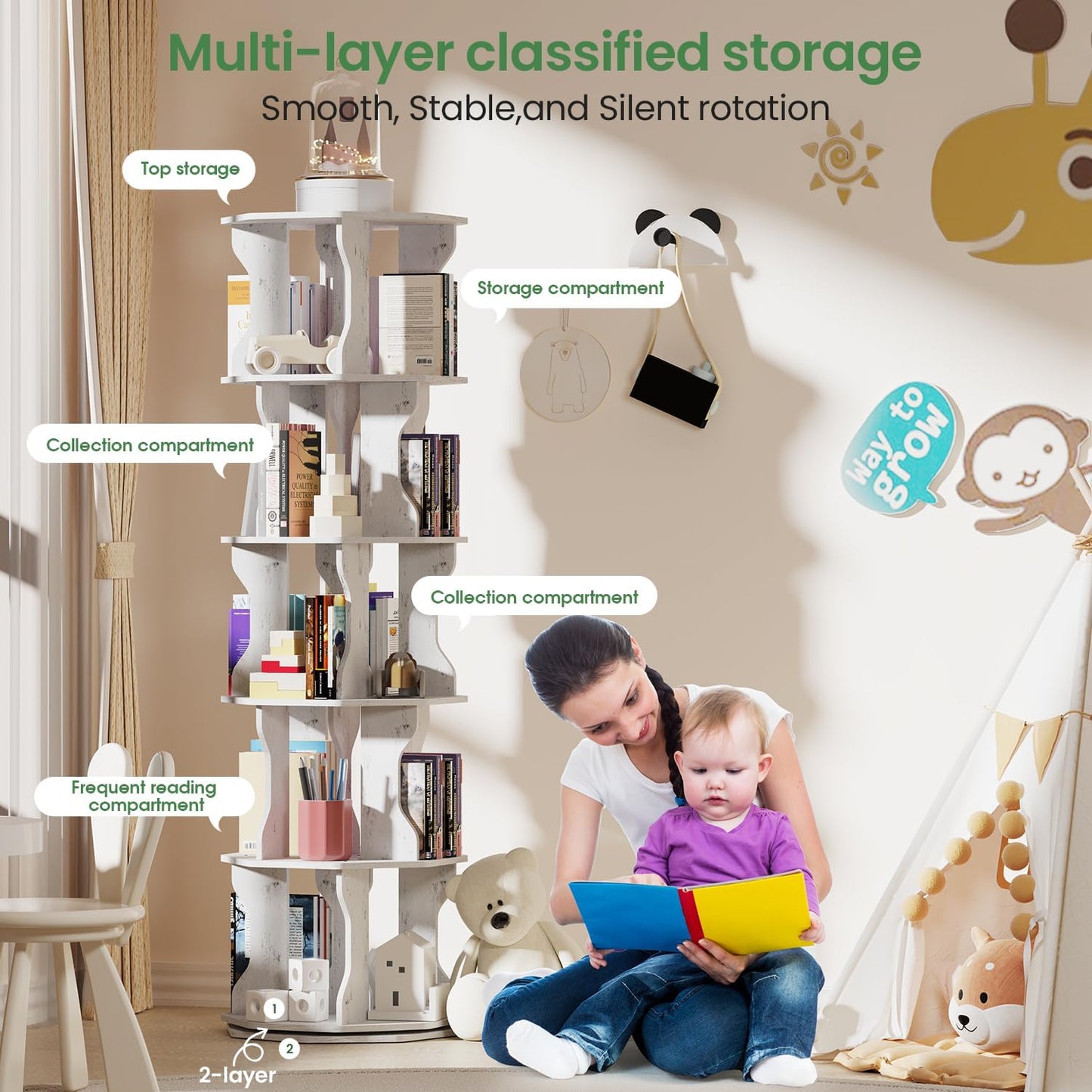 Rotating Bookshelf, 5 Tier Spinning Bookshelf Tower, Corner Revolving Storage Rack for Bedroom, Study Room, Kids Room, Living Room, Office (White, 5 Tier)