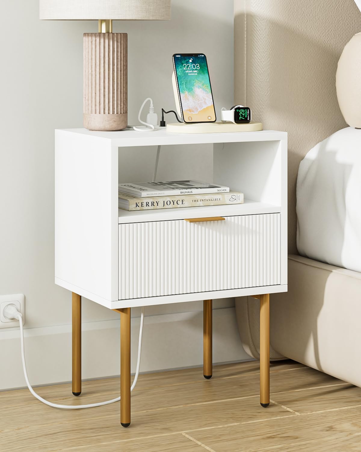 Nightstand with Charging Station,Morden Bedside Table with Gold Frame,Small White Night Stand,End Table,Bedside Furniture,Side Table with Drawer and Shelf for Bedroom,Living Room