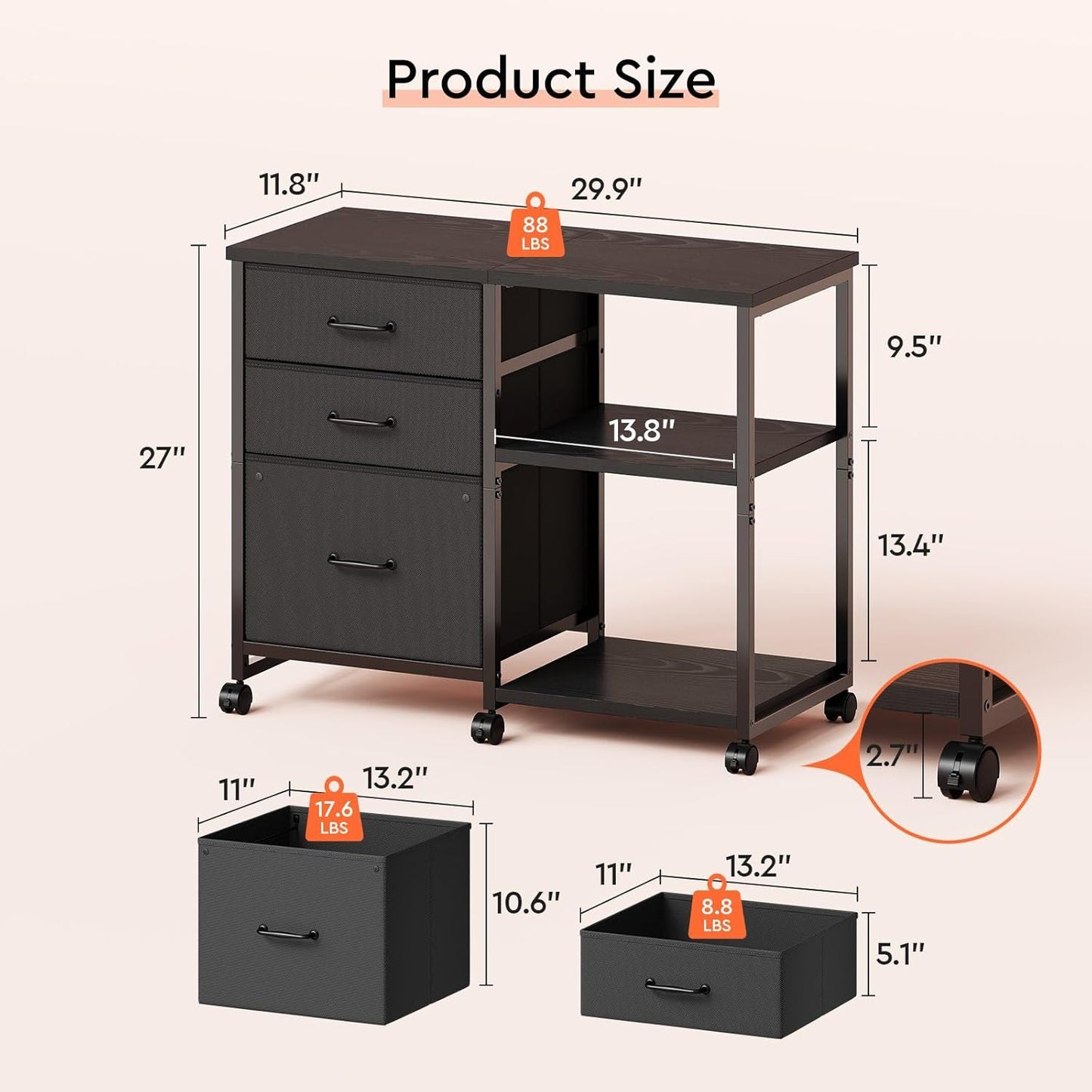 3 Drawer File Cabinet with Wheels Rolling Printer Stand with Open Storage Shelf Fabric Lateral Filing Cabinet for Home Office,Black