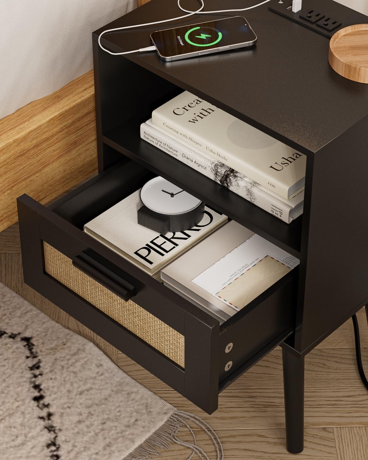 Bedroom Nightstands Wooden Night Stands with Rattan Weaving Drawer Home Bedside End Table for Bedroom Storage (Modern-Black)