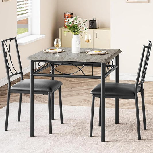 CABIHOME Dining Table Set for 2, 3 Piece Kitchen Table Set with 2 Upholstered Chairs, Square Kitchen Table Set for Small Space, Apartment, Dining Room, Retro Gray