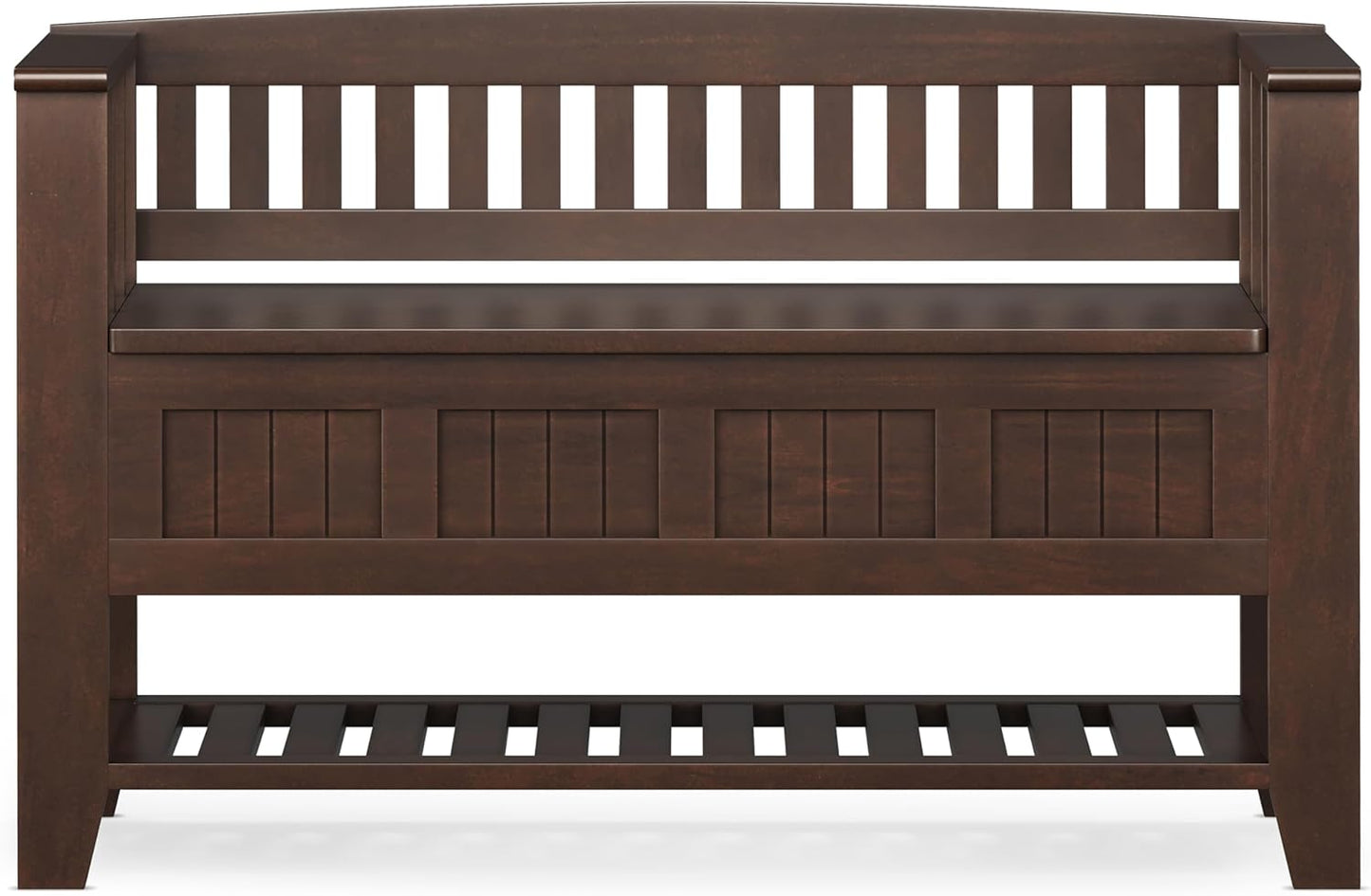 SIMPLIHOME Acadian Entryway Storage Bench - 48 inch Wide Solid Wood Hallway Seat with Shelf in Brunette Brown, Transitional Bench for Entryway or Living Room with Open Storage and Slatted Bottom