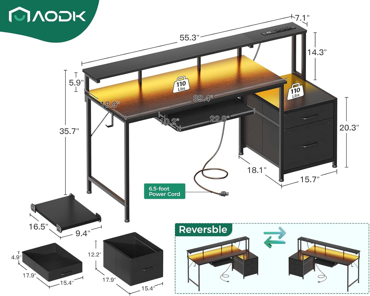 AODK Computer Desk with Drawers and Keyboard Tray, 55" Office Desk with Power Outlet and LED Lights, Reversible Study Work Desk with Printer Shelf and PC Stand for Home Office, Black