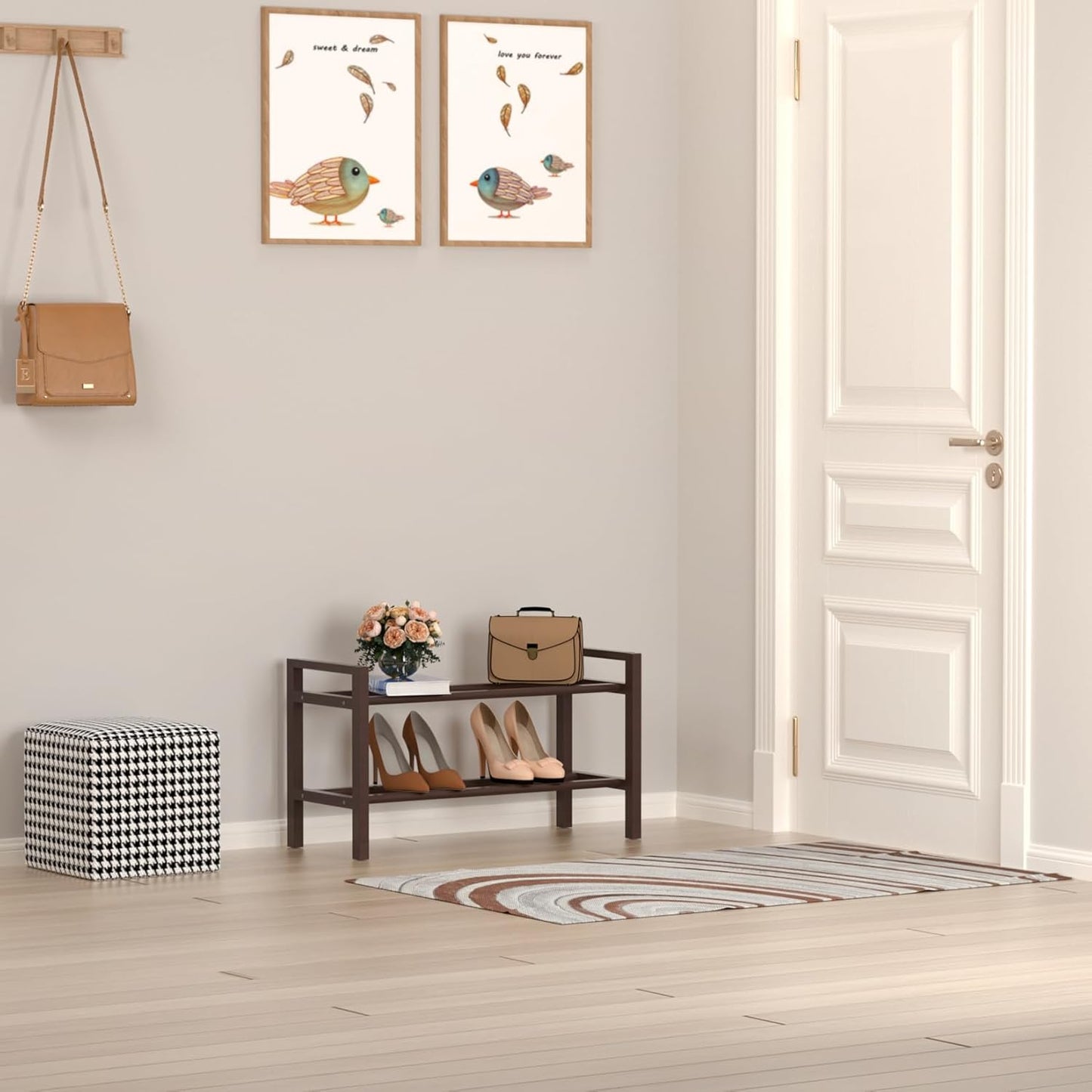 Haddockway Bamboo Shoe Rack for Closet, Free Standing Shoe Organizer with Smooth Round Rods & Convenient Handles, Stackable Shoe Storage Shelf for Entryway, Hallway(Brown, 2-Tier(Small))