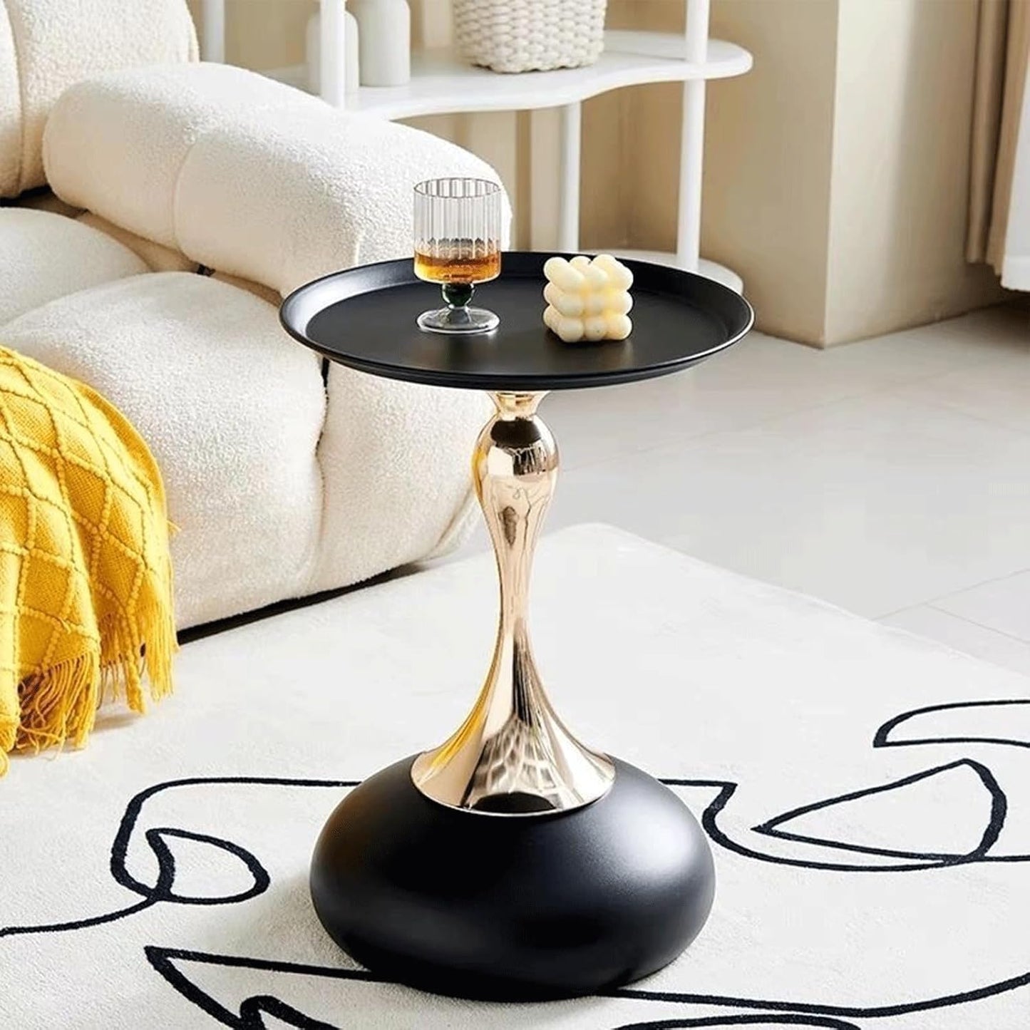 Modern Round Side Table with Gold Pedestal Base, Black Metal Top, Accent End Table for Living Room (Black)