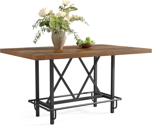 LITTLE TREE 63-Inch Industrial Bar Table with Metal Footrest, Counter Height Pub Table for Kitchen, Home Bar & Entertaining (Brown)