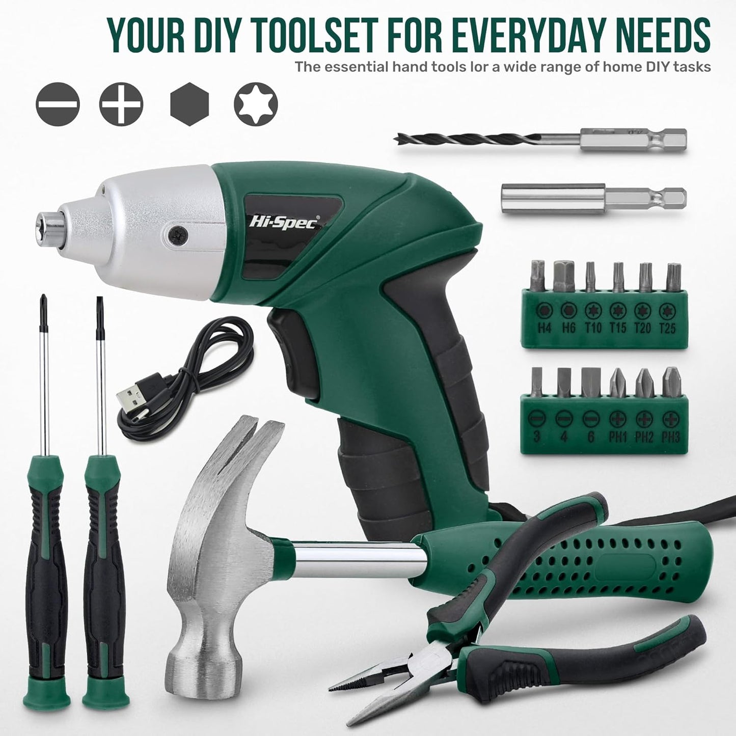 Hi-Spec 19pc 3.6V Green USB Small Power Screwdriver & Home DIY Tool Kit Set. Cordless & Rechargeable Electric Screwdriver and Compact Hand Tool Box Set