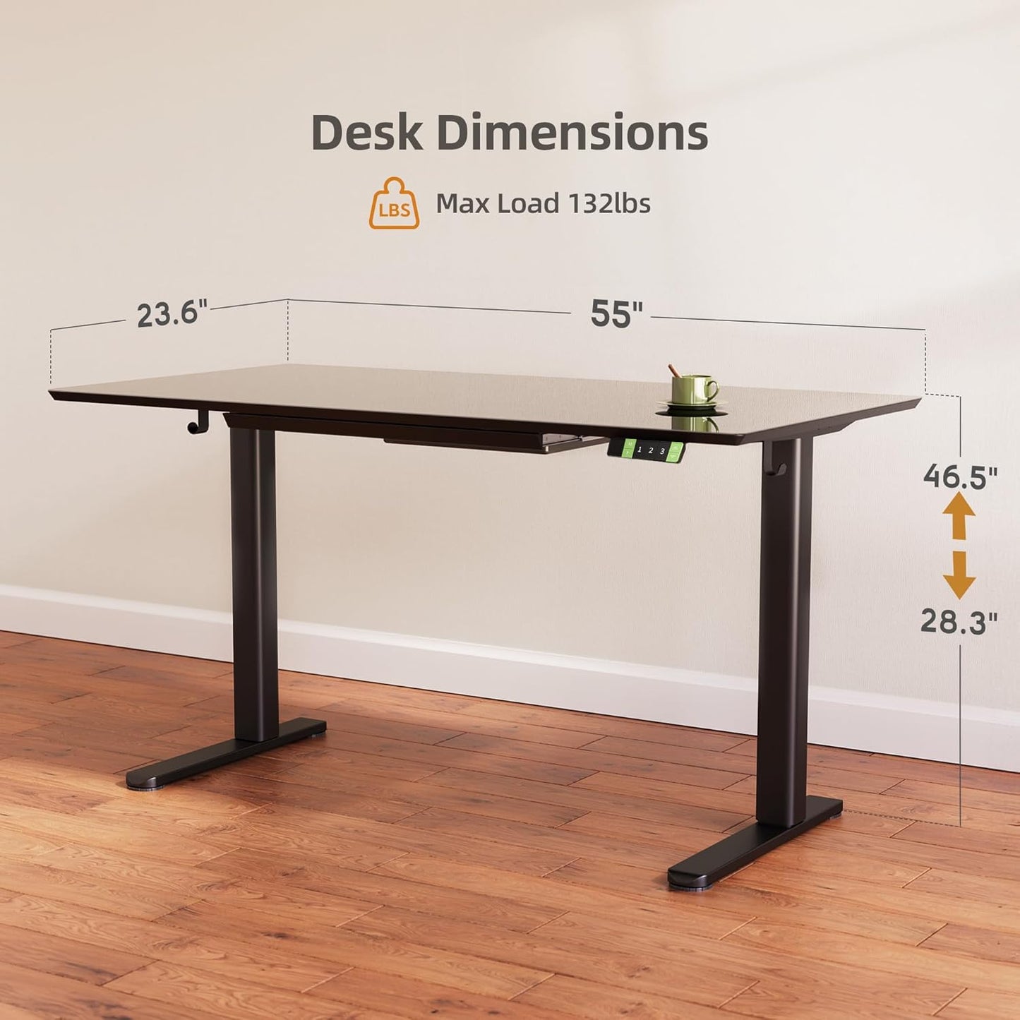 INNOVAR Glass Standing Desk with Drawers, 55×27.6 Inch Adjustable Stand Up Desk Quick Install Home Office Computer Desk, Black