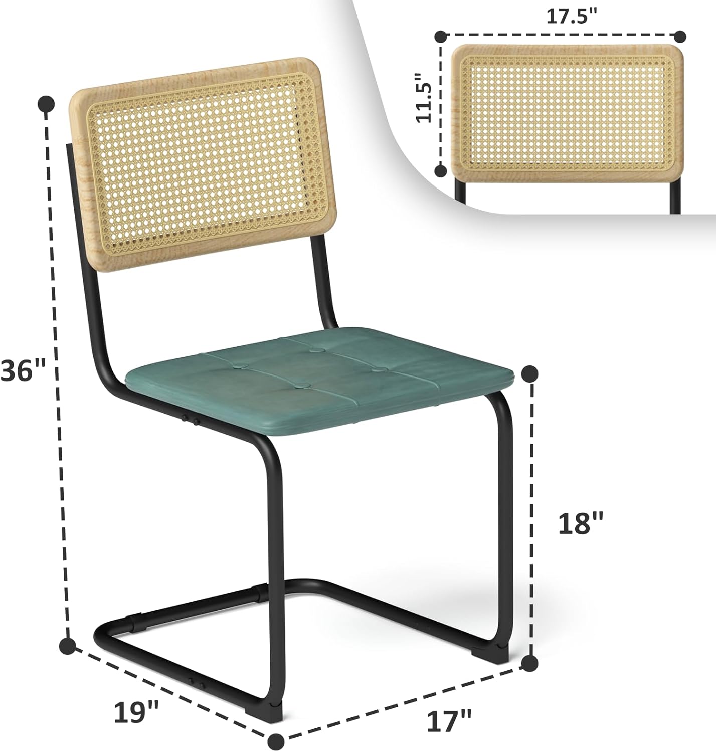 Heavy Duty Rattan Dining Chairs, Modern Dining Room Chairs with Solid Wood Back for Kitchen Living Room, High-end and Durable with Rattan Weaving, Upholstered Faux Leather Green