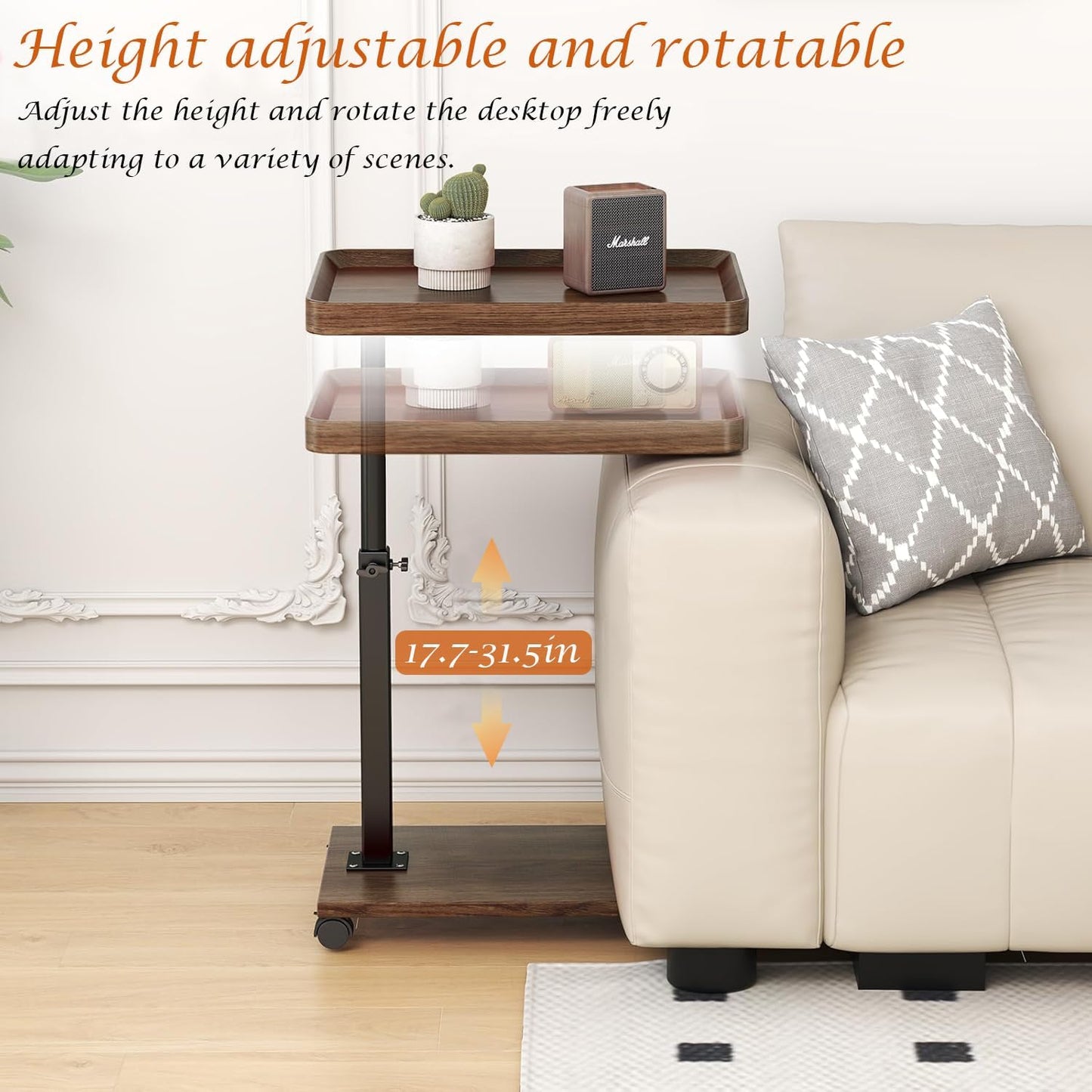 C Table End Table Adjustable Height, 360°Swivel TV Tray Table for Small Spaces, Couch Tables That Slide Under, C Shaped Side Tables with Wheels for Living Room and Bedroom, Bed