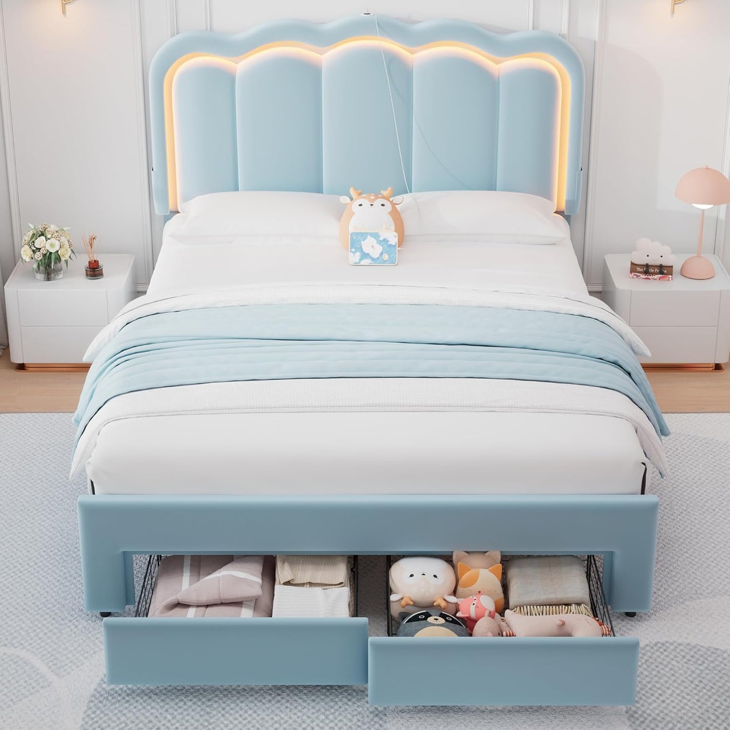 Queen Upholstered LED Bed Frame with 2 Storage Drawers and Adjustable Chic Double Wavy Headboard, Velvet Princess Platform Bed with Charing Station, Solid Wood Slats Support,No Box Spring Needed,Blue