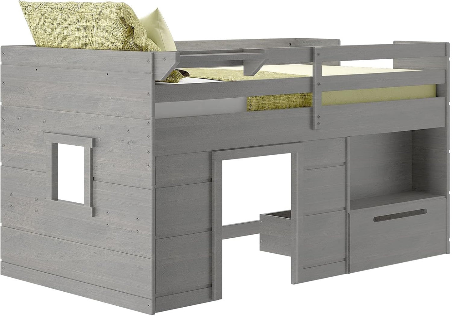 Max & Lily Loft Bed Twin Size, Solid Wood Low Loft Bed with Storage Drawer and Ladder, Modern Farmhouse Loft Bed for Kids, Driftwood
