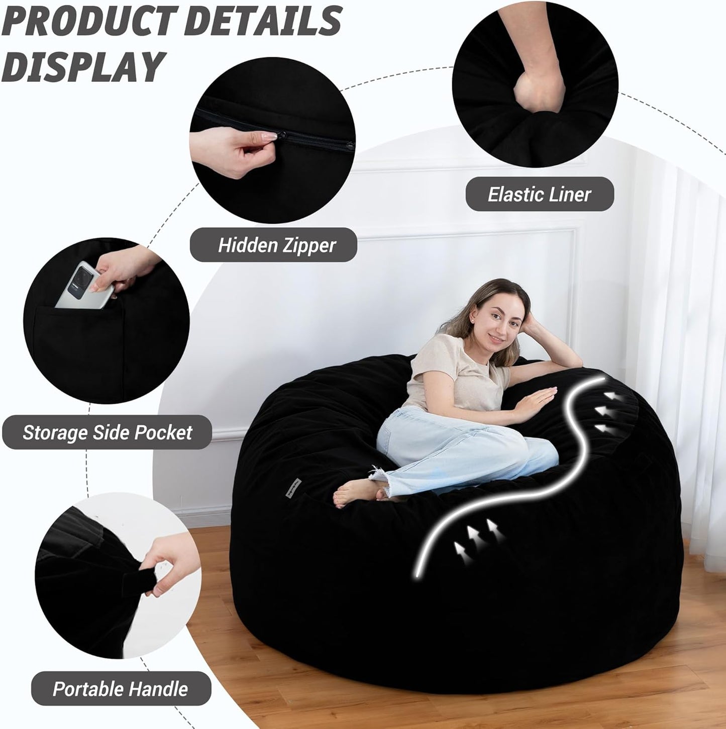 5FT Bean Bag Chair with Ultra Soft Velvet Cover Bean Bag Sofa with Memory Foam Bean Bag Chairs with Large Size Lazy Sofa for Dorm Office Living Room Bedroom Black 5'