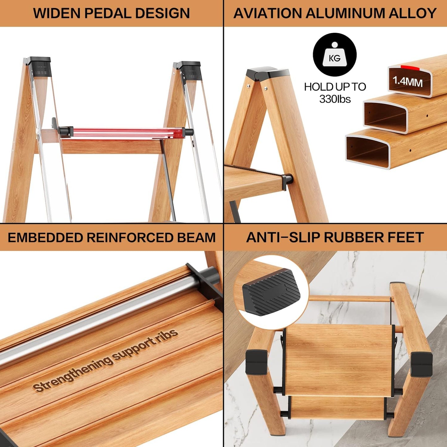 2 Step Ladder, Aluminum Lightweight Folding 2 Step Stool with Anti-Slip Wide Pedal,330lbs Capacity Steel Ladder for Household and Office(Woodgrain)