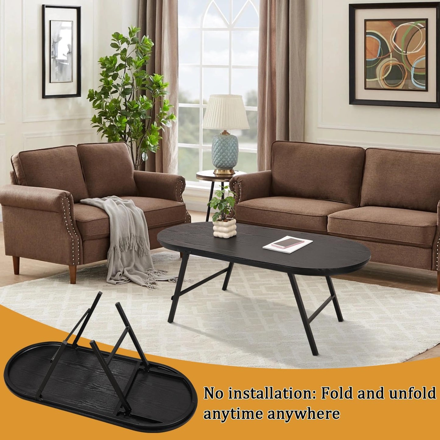 Black Small Coffee Table Wooden Oval Folding Low Coffee Tables with Metal Legs Portable Floor Table Desk for Living Room Small Spaces Apartment Oudoor Use