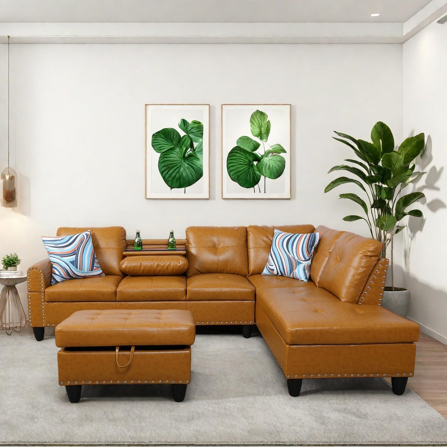 Modern Living Room Furniture Sets with Cup Holder, Modular Sectional Couches with Chaise Lounge, 4-Seaters L Shape Sofa with Storage Ottoman, for Living Room, Faux Leather, Ginger