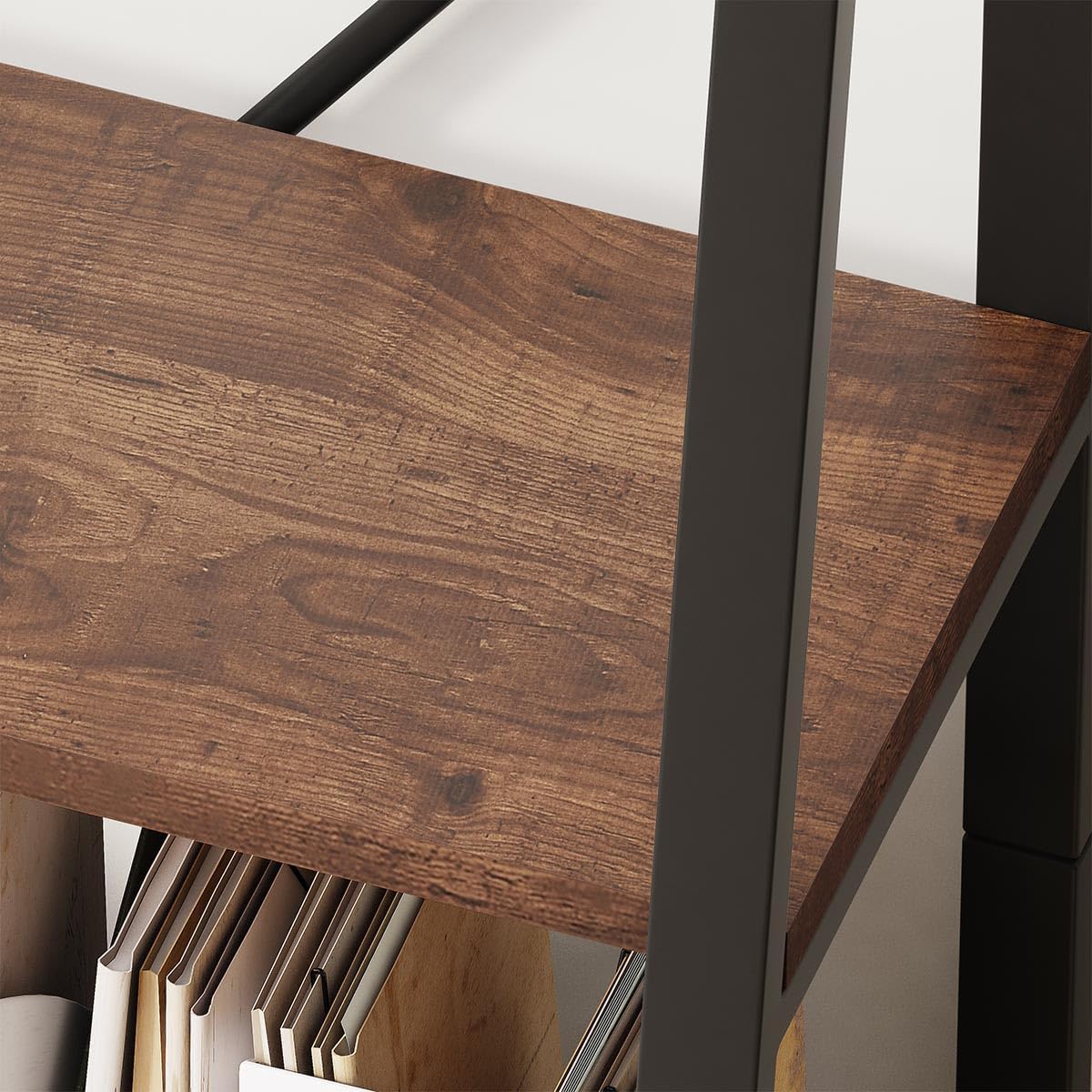 BON AUGURE Industrial Ladder Shelf Bookcase, 4 Tier Rustic Ladder Bookshelf, Standing Leaning Book Shelves for Living Room (Rustic Oak)