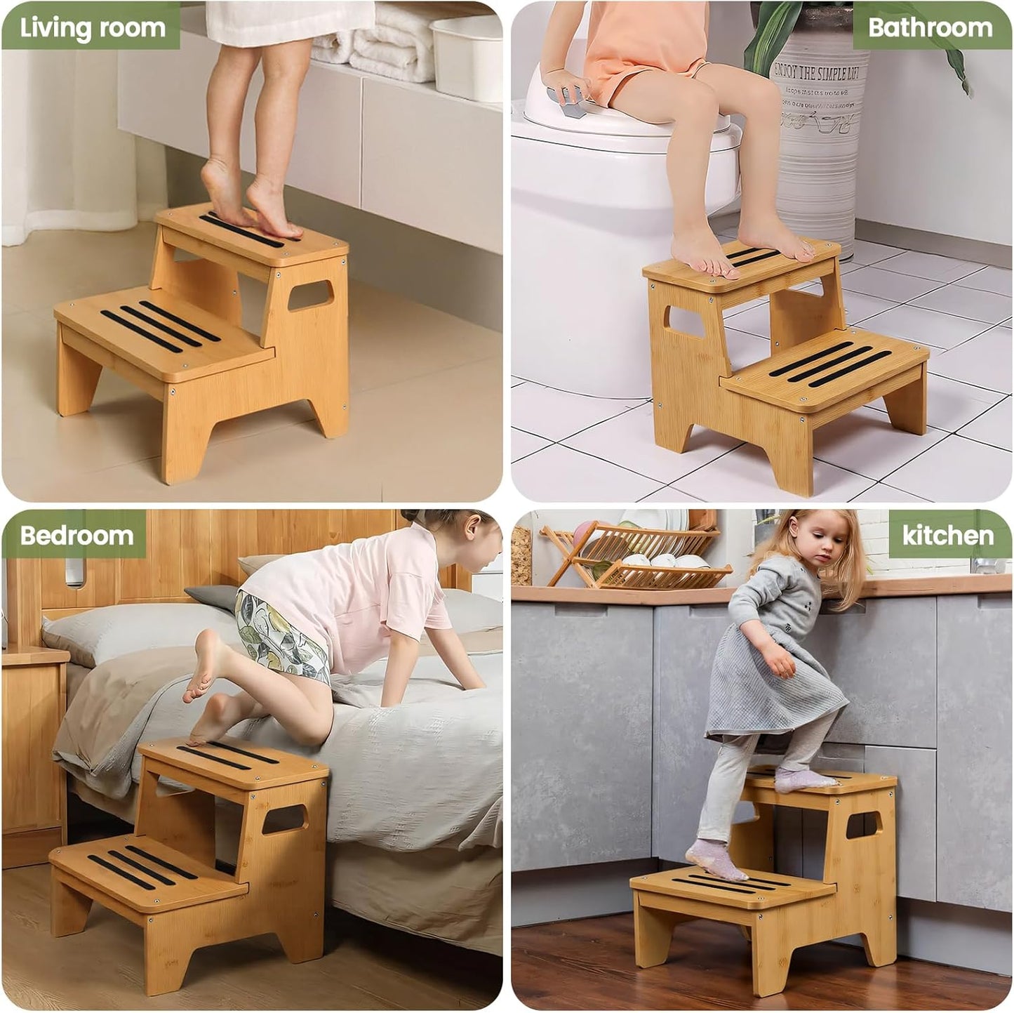 Wooden Step Stools for Kids, Heavy Duty Bamboo 2-Step Stepping Stools for Toddlers, DIY Non-Slip Pads & Handles, for High Bed, Bathroom, Toilet, Kitchen, RV, Natural