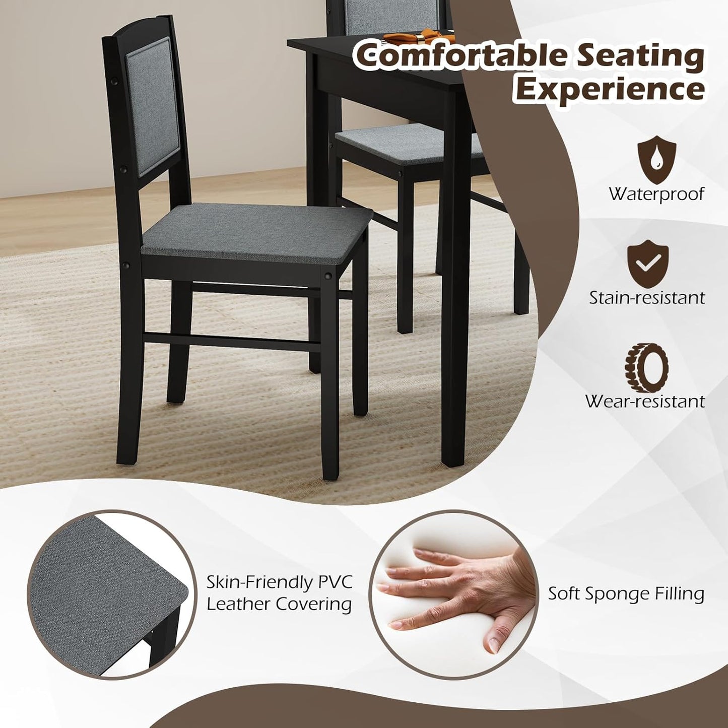 Giantex 5-Piece Dining Table Set for 4 - Breakfast Nook Table Set with Kitchen Table, 4 Upholstered Chairs, Wood Legs, Space-Saving Dinette Set, Kitchen Table Chairs Set of 4 (Black+Grey)