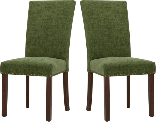 COLAMY Upholstered Parsons Dining Chairs Set of 2, Fabric Dining Room Kitchen Side Chair with Nailhead Trim and Wood Legs - Green