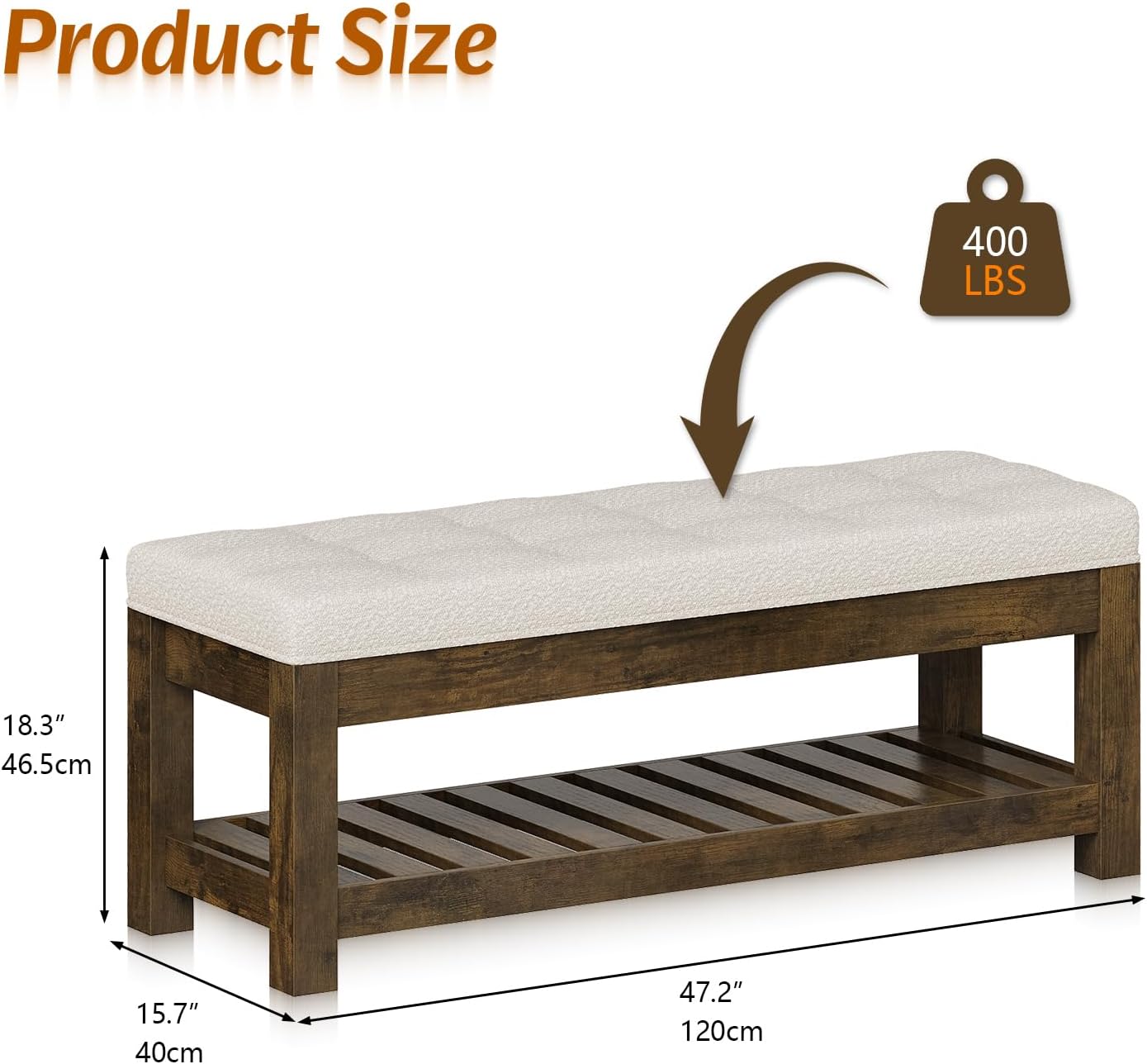 Large Upholstered Ottoman Bench Entryway Storage Benches Tufted Linen Ottoman Bench with Solid Wood Shelf Padded End of Bed Bench for Bedroom Living Room Hallway Decor