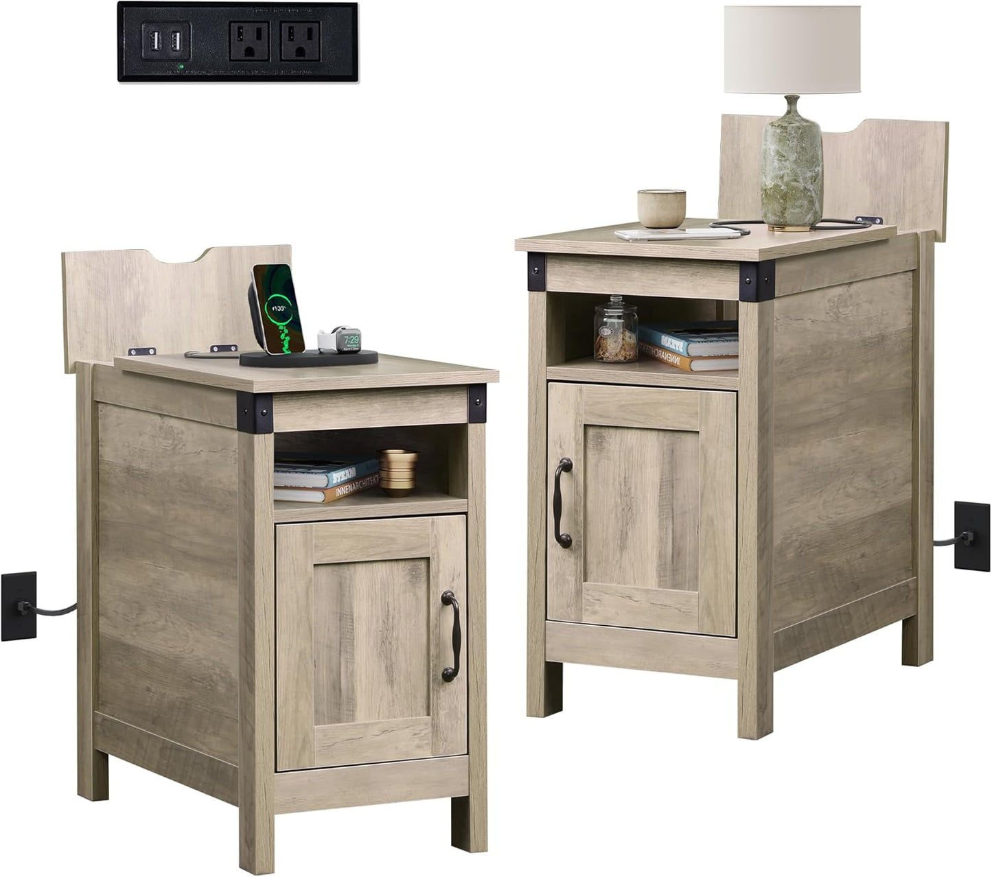 WLIVE Farmhouse End Table Set of 2 with Charging Station, Narrow Side Tables Living Room, Bedroom, Couch with USB Ports and Outlets, Wood Nightstand Sets with Storage, Greige