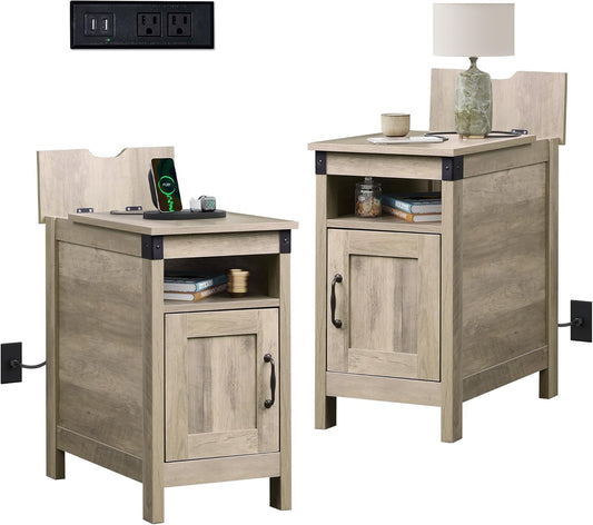 WLIVE Farmhouse End Table Set of 2 with Charging Station, Narrow Side Tables Living Room, Bedroom, Couch with USB Ports and Outlets, Wood Nightstand Sets with Storage, Greige