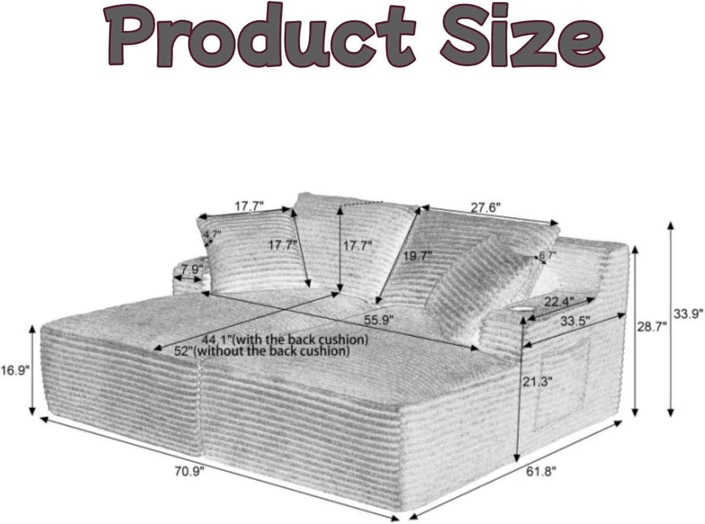 Oversized Sectional Double Chaise Lounge, Compressed Boneless Lounge Chaise with Cupholders, Boneless Sofa with Deep Seat, Fluffy Modern Sleeper Loveseat for Indoor Living Room, Black